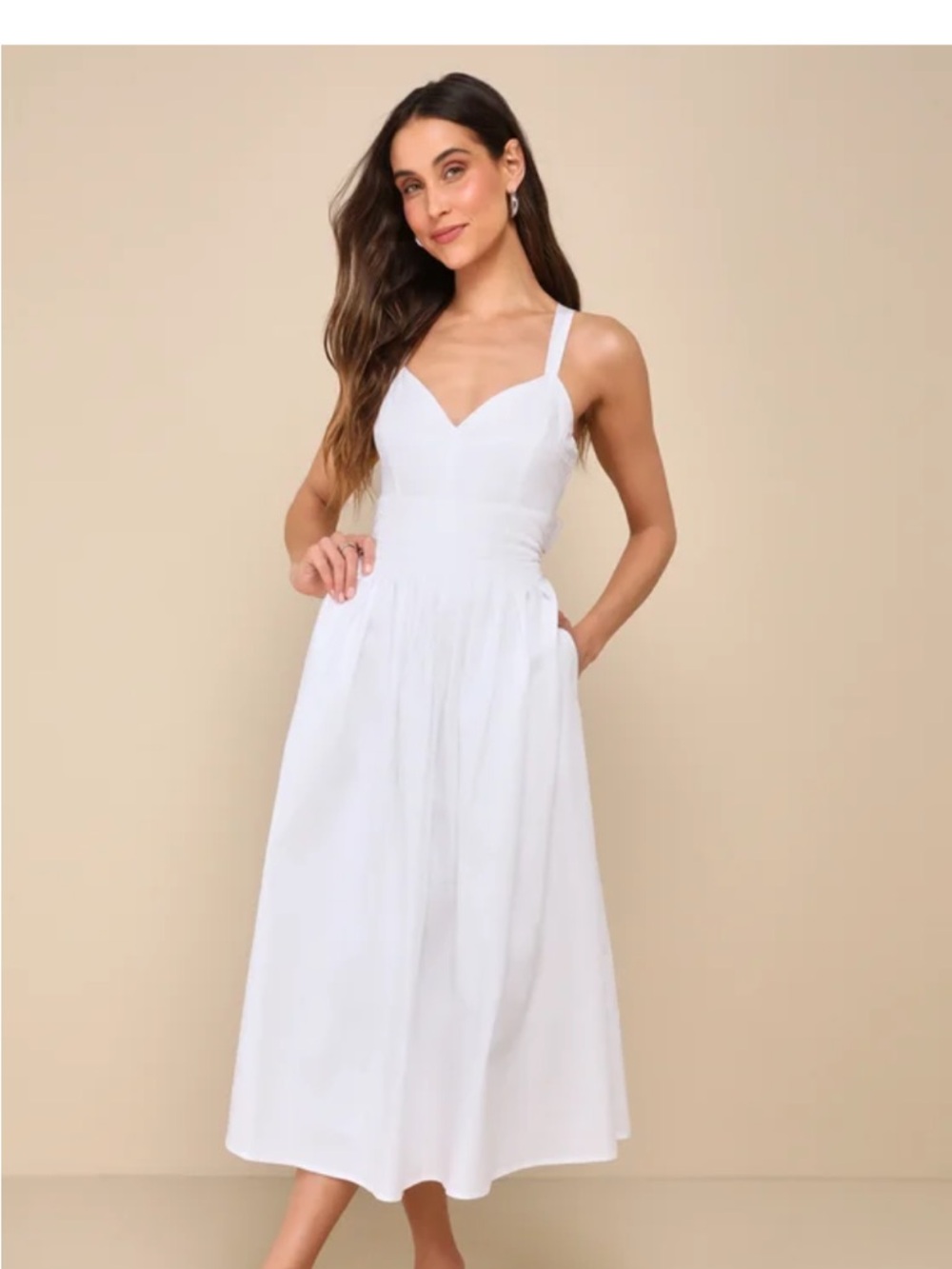 Strolling Sicily White Pleated Backless Midi Dress With Pockets.